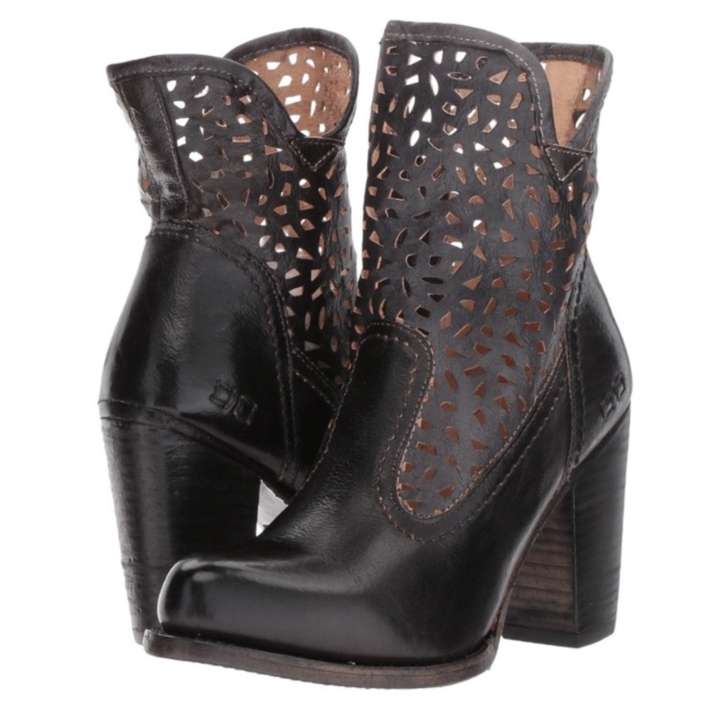 Bed|Stu Erma Black Laser Cut Leather Ankle Booties Side Zip Block Heel Womens 10